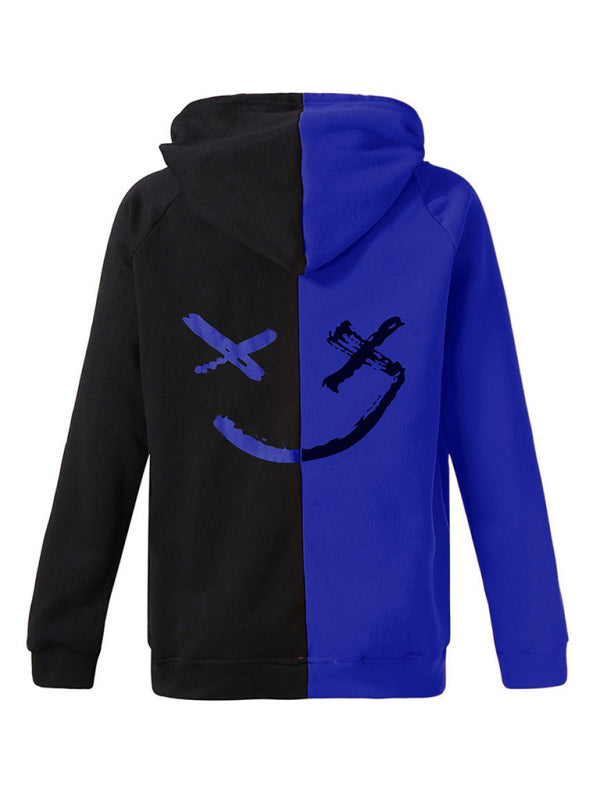 Blue and black smiley hooded sweatshirt, back view