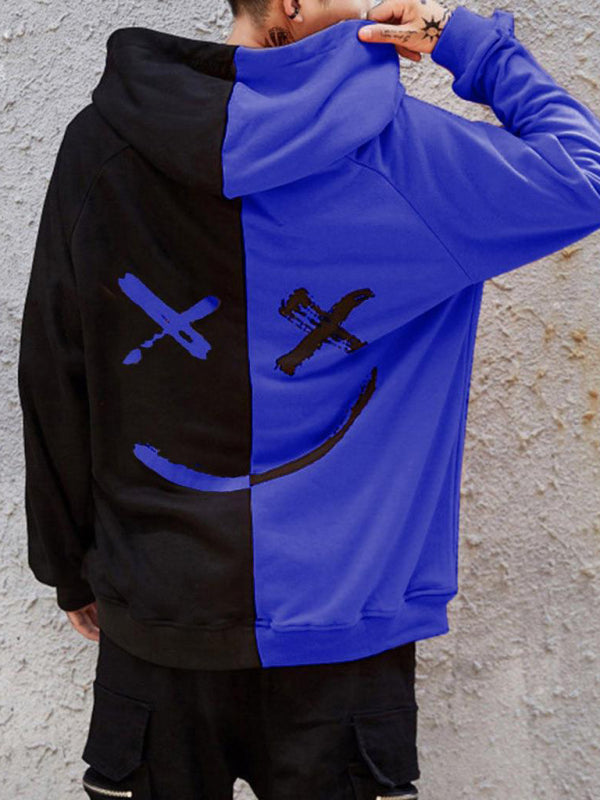 Blue and black color block smiley sweatshirt, back view