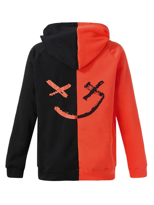 Orange and black smiley hooded sweatshirt, back view