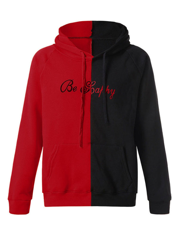 Red and black color block smiley sweatshirt, front view
