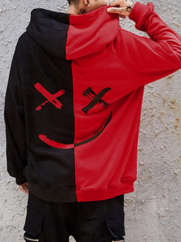 Red and black color block smiley sweatshirt, back view