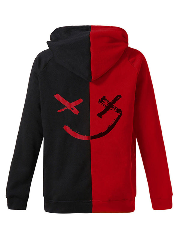 Red and black smiley hooded sweatshirt, back view