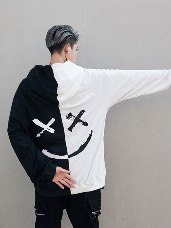 Black and white smiley sweatshirt, back view