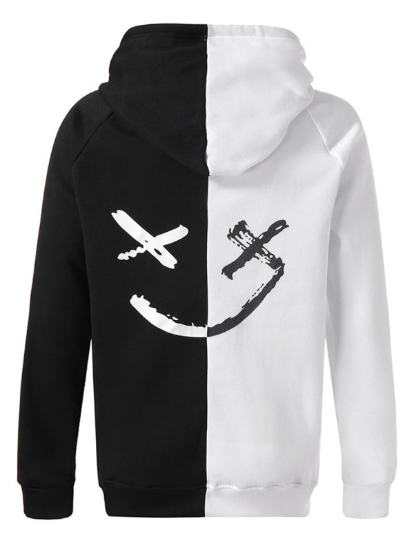 Black and white color block smiley sweatshirt, back view