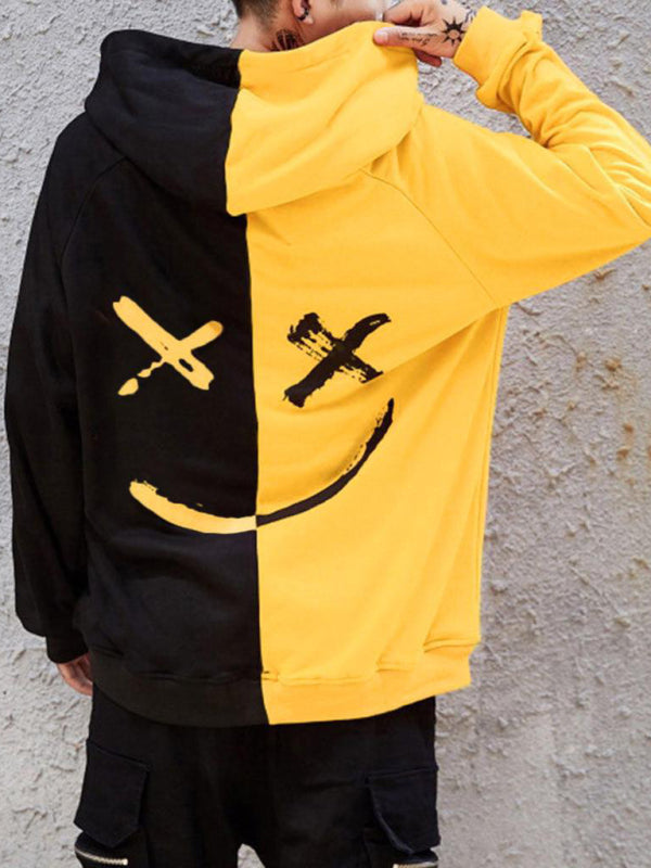 Yellow and black color block smiley sweatshirt, back view