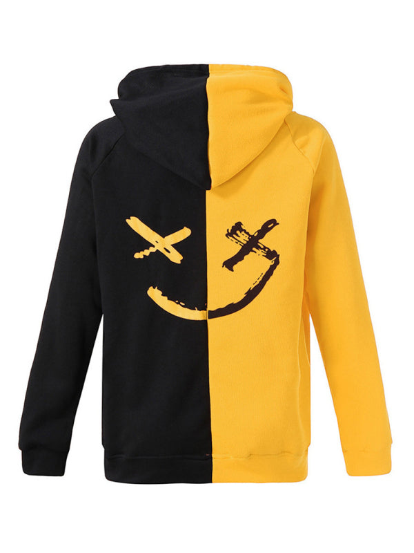 Yellow and black smiley hooded sweatshirt, back view