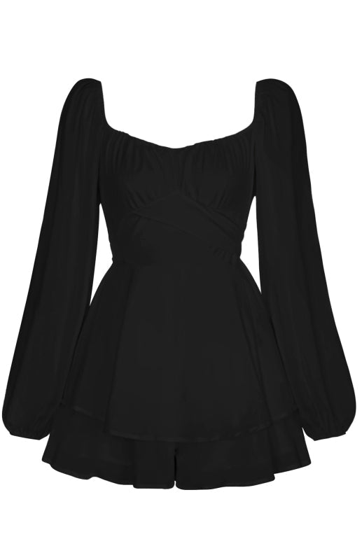 Damen-Shorts mit quadratischem Ausschnitt und Laterne, langärmelig, einteilig, Rüschen, lässige Culottes