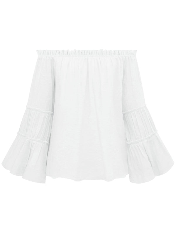 Haut sexy en coton flammé à manches évasées et col une ligne pour femme