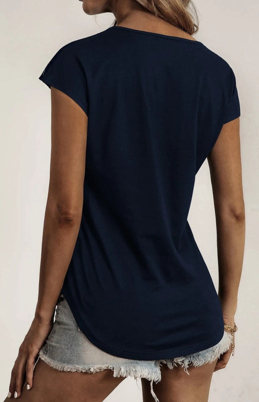 Damen-Oberteile mit Rundhalsausschnitt, Halbsträngen, Nähten und Spitze, kurzärmelig