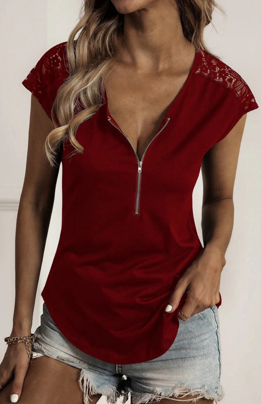 Damen-Oberteile mit Rundhalsausschnitt, Halbsträngen, Nähten und Spitze, kurzärmelig