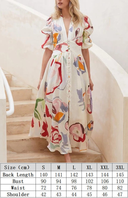 Maxi-Strandkleid mit V-Ausschnitt und schmaler Passform aus Chiffon mit Print