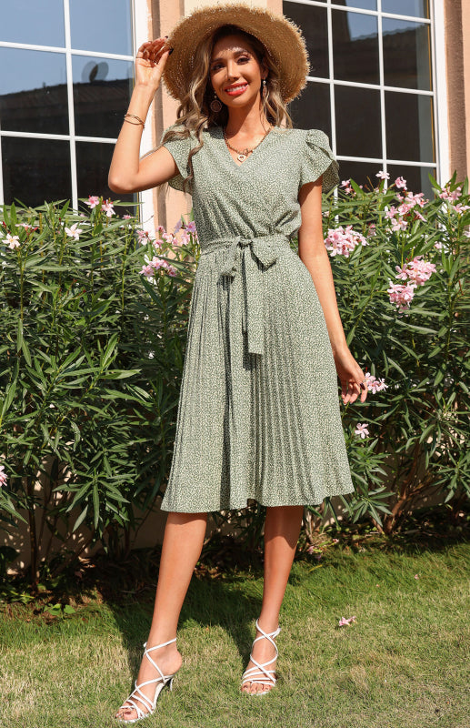 Damenkleid mit bedrucktem Rock und plissiertem V-Ausschnitt