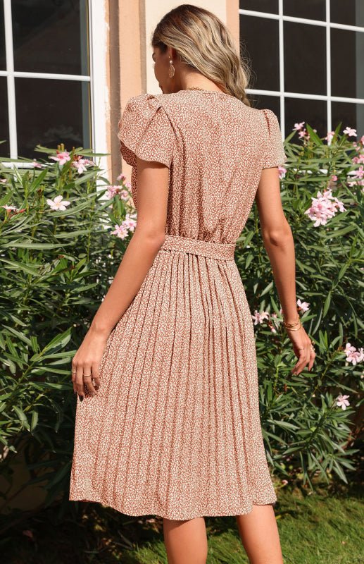 Damenkleid mit bedrucktem Rock und plissiertem V-Ausschnitt