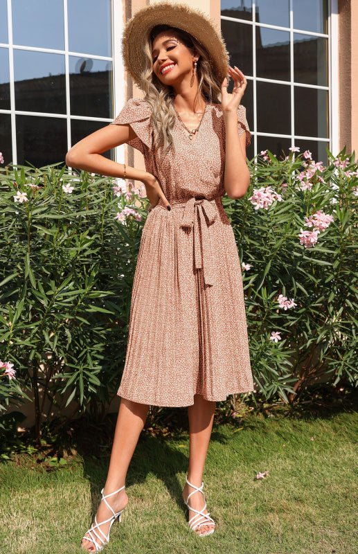 Damenkleid mit bedrucktem Rock und plissiertem V-Ausschnitt