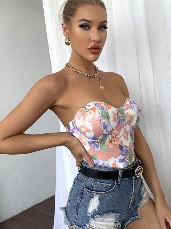 Haut tubulaire pour femmes, imprimé de fleurs au dos, haut de poitrine finement enveloppé