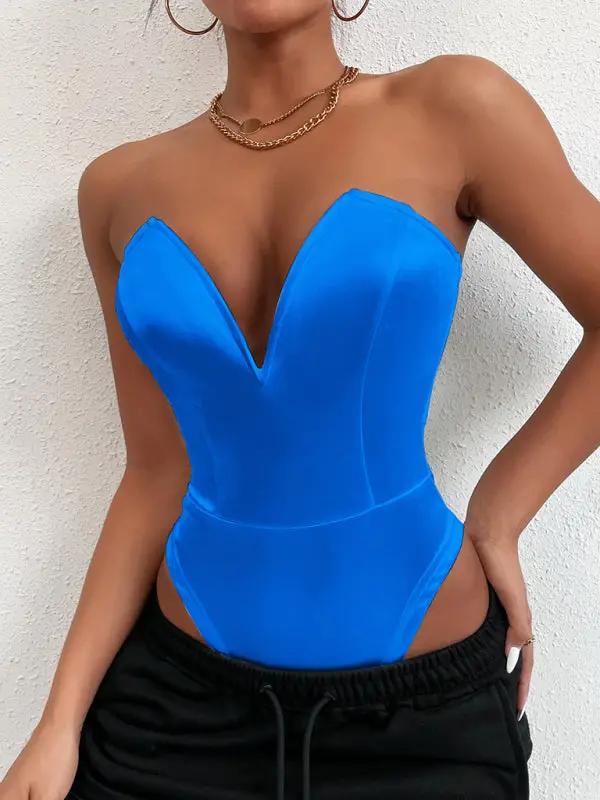 Blue V-neck tube top bodysuit, close-up front