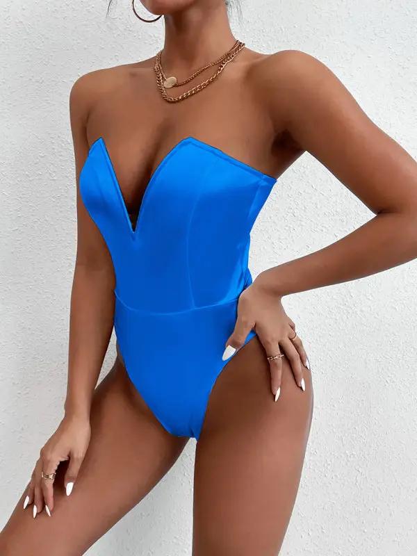 Blue V-neck tube top bodysuit, side view