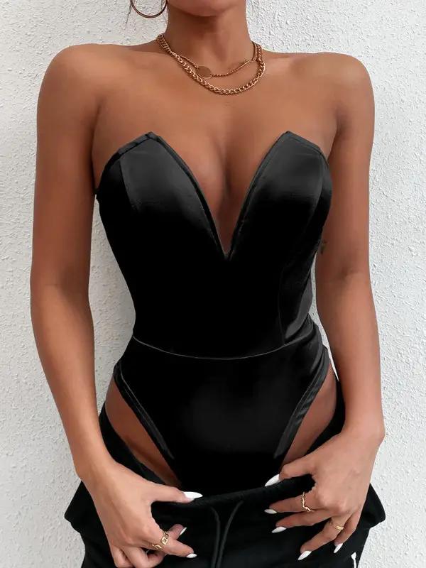 Black V-neck tube top bodysuit, front view