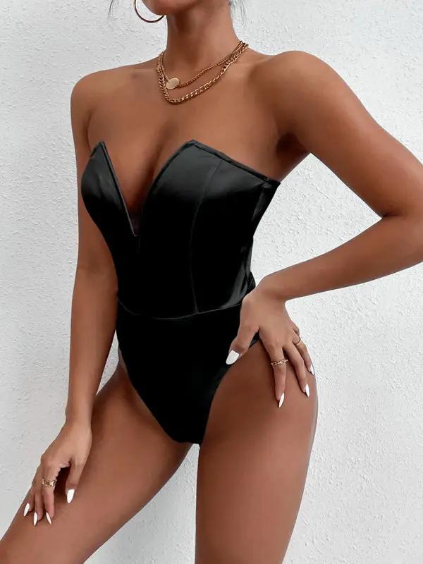 Black V-neck tube top bodysuit, side view