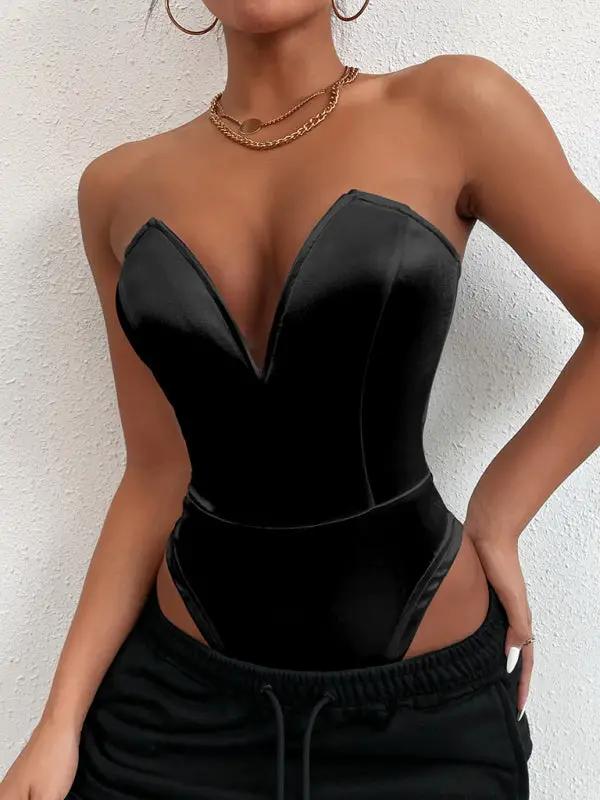 Black V-neck tube top bodysuit, close-up front