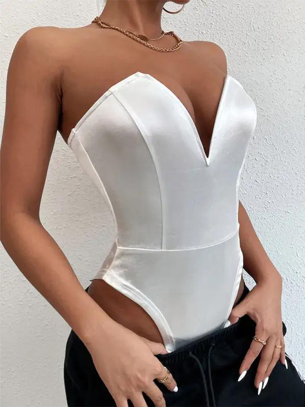 White V-neck tube top bodysuit, side view