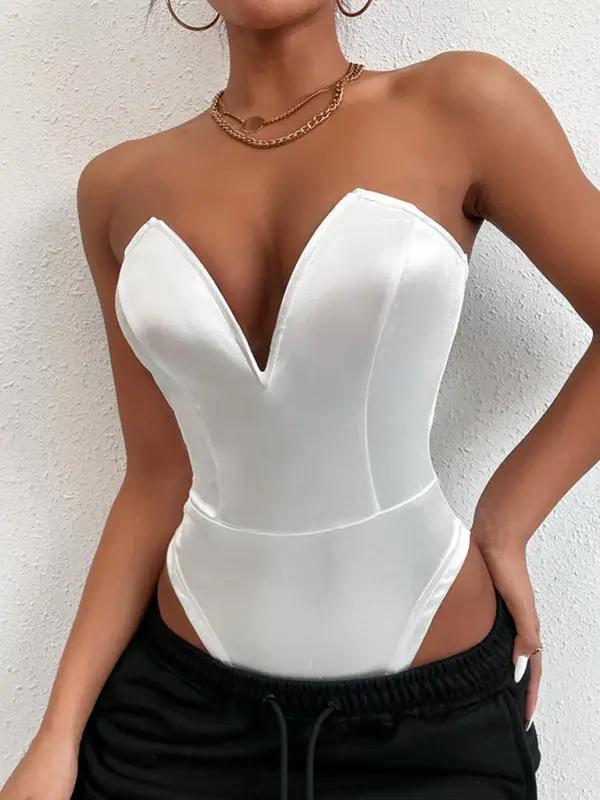 White V-neck tube top bodysuit, close-up front