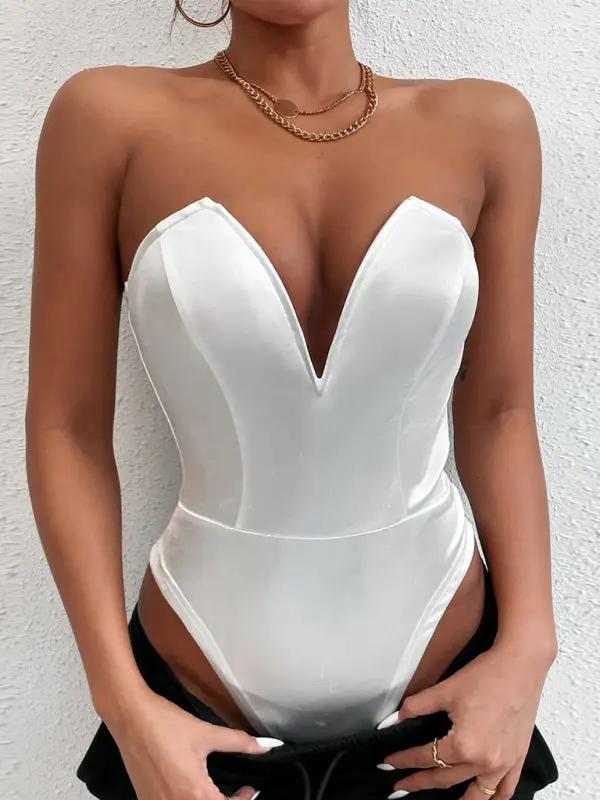 White V-neck tube top bodysuit, front view