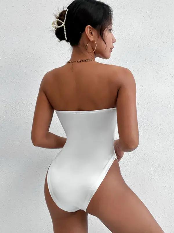 White V-neck tube top bodysuit, back view