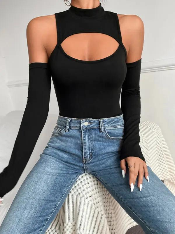 Stylish black bodysuit with cutout, worn with jeans