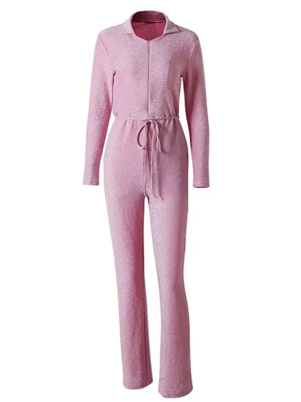 Pink wide-leg long sleeve jumpsuit front view