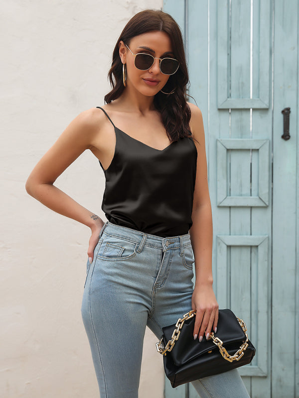 Gilet à petites bretelles en Satin imitation soie pour femmes, col en V