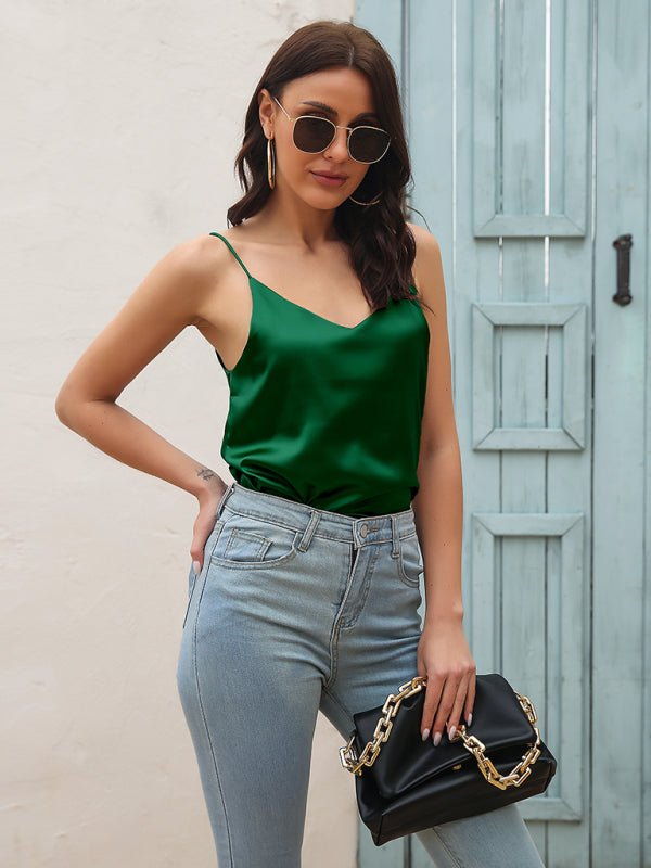 Gilet à petites bretelles en Satin imitation soie pour femmes, col en V