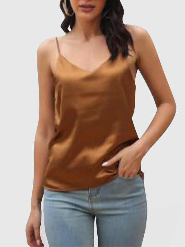 Gilet à petites bretelles en Satin imitation soie pour femmes, col en V
