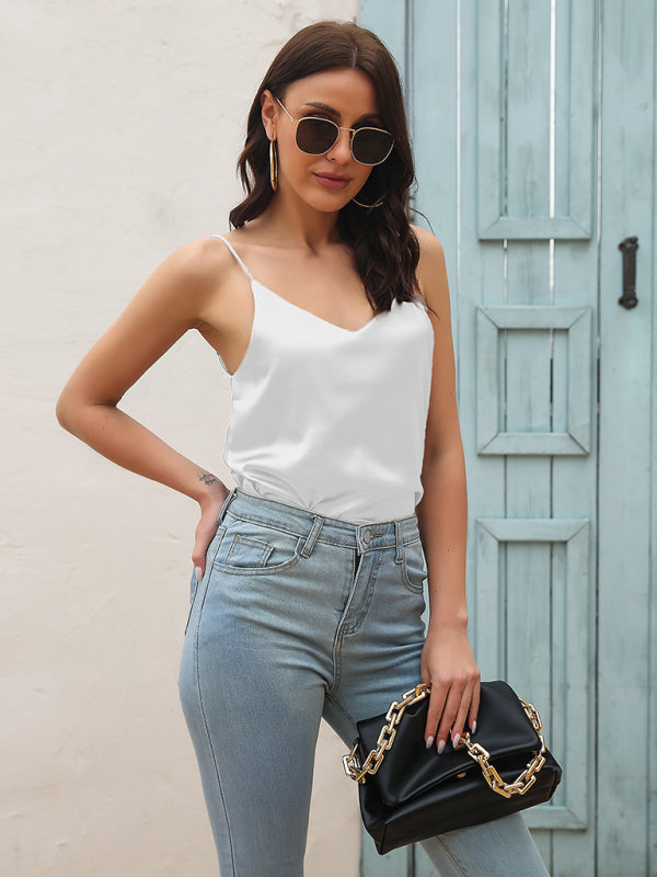 Gilet à petites bretelles en Satin imitation soie pour femmes, col en V