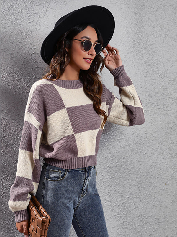 Langärmliger, kurzärmliger, lockerer Strickpullover für Damen mit Schachbrettmuster und karierten Schultern