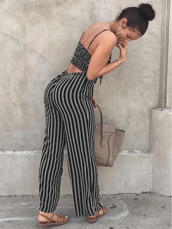 Striped camisole wide leg jumpsuit, side view
