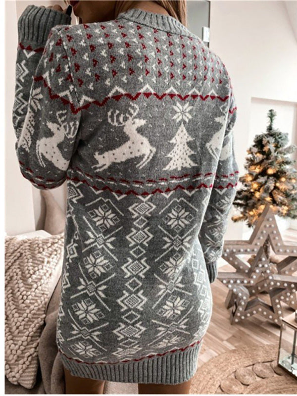 Damen Skinny Sexy Weihnachts-Jacquard-Langarmkleid
