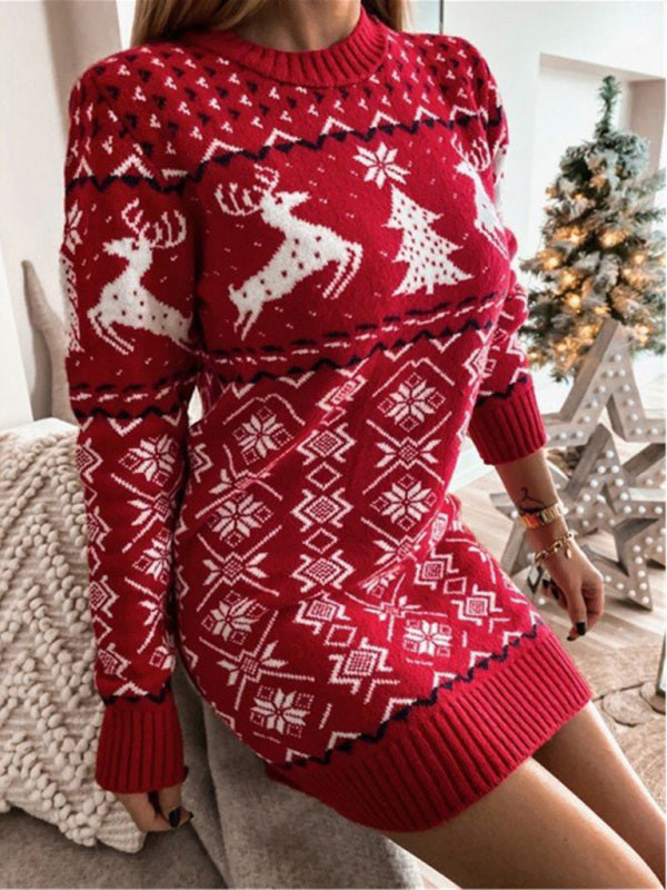 Damen Skinny Sexy Weihnachts-Jacquard-Langarmkleid