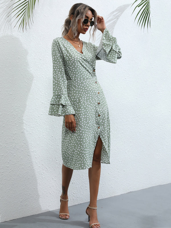 Bedrucktes, langärmliges französisches Damenkleid mit schmaler Passform und Schlitz
