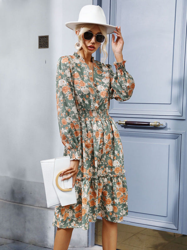 Robe rétro à manches longues, imprimé à volants, tempérament pour femmes