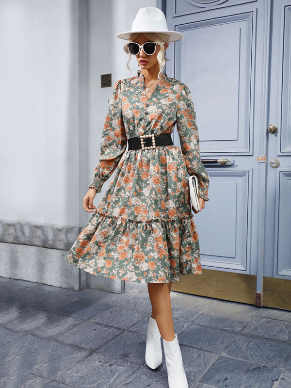 Robe rétro à manches longues, imprimé à volants, tempérament pour femmes