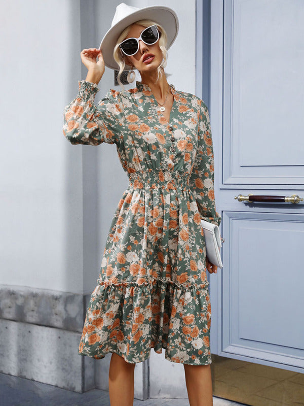Robe rétro à manches longues, imprimé à volants, tempérament pour femmes
