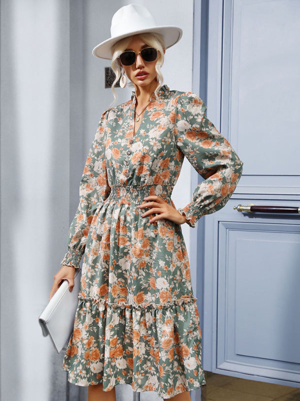 Robe rétro à manches longues, imprimé à volants, tempérament pour femmes