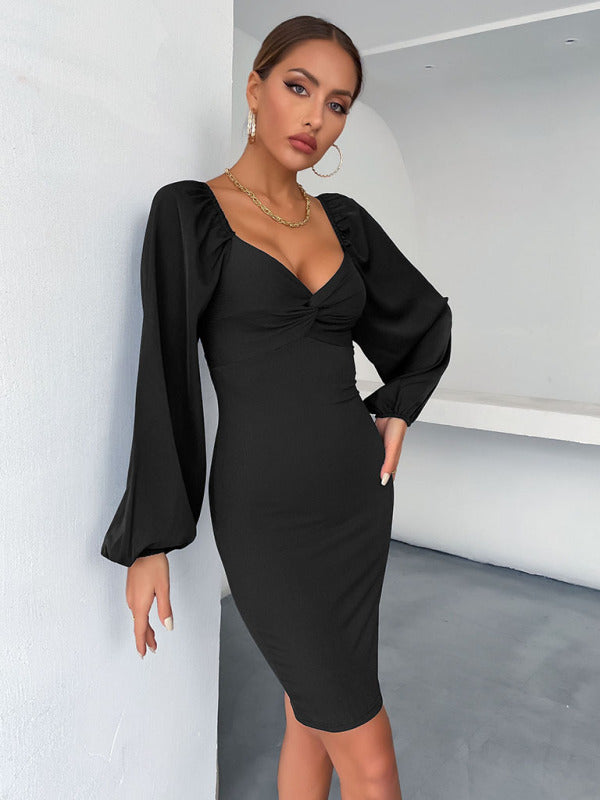 Robe à manches longues et col en v pour femmes