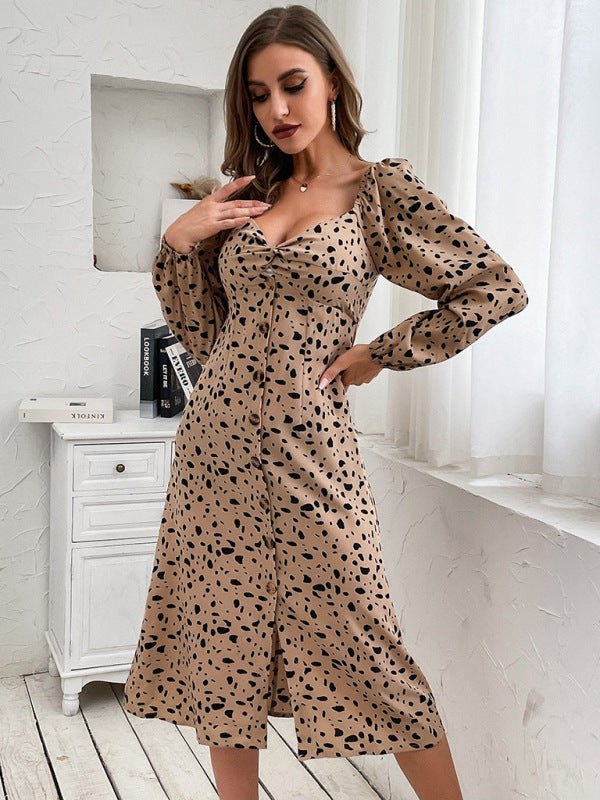 Damen-Retro-Damen-Leopardenmuster, rückenfrei, langärmelig, elegante Kleider