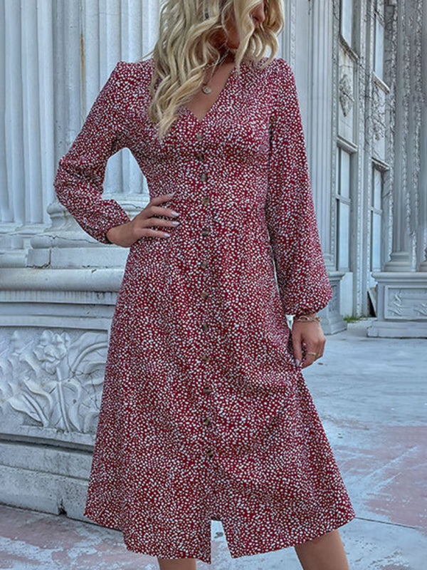 Robe croisée à manches longues et col en V, boutonnage simple, automne