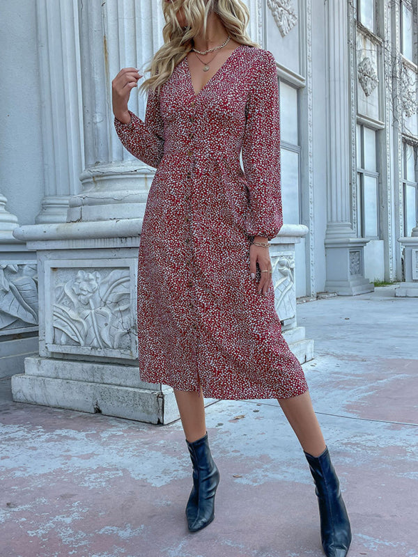 Robe croisée à manches longues et col en V, boutonnage simple, automne