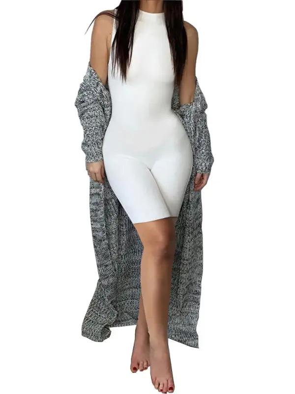 White jumpsuit with long knit cardigan