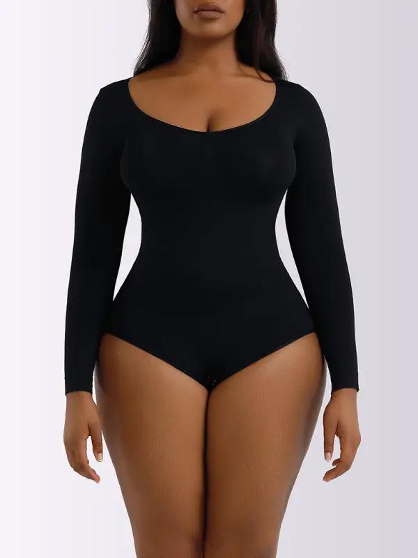 Front view of black shaping jumpsuit with long sleeves
