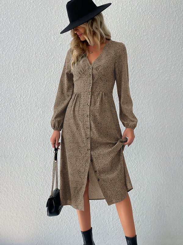 Französisches Cardigan-Kleid mit V-Ausschnitt und Leopardenmuster für Damen